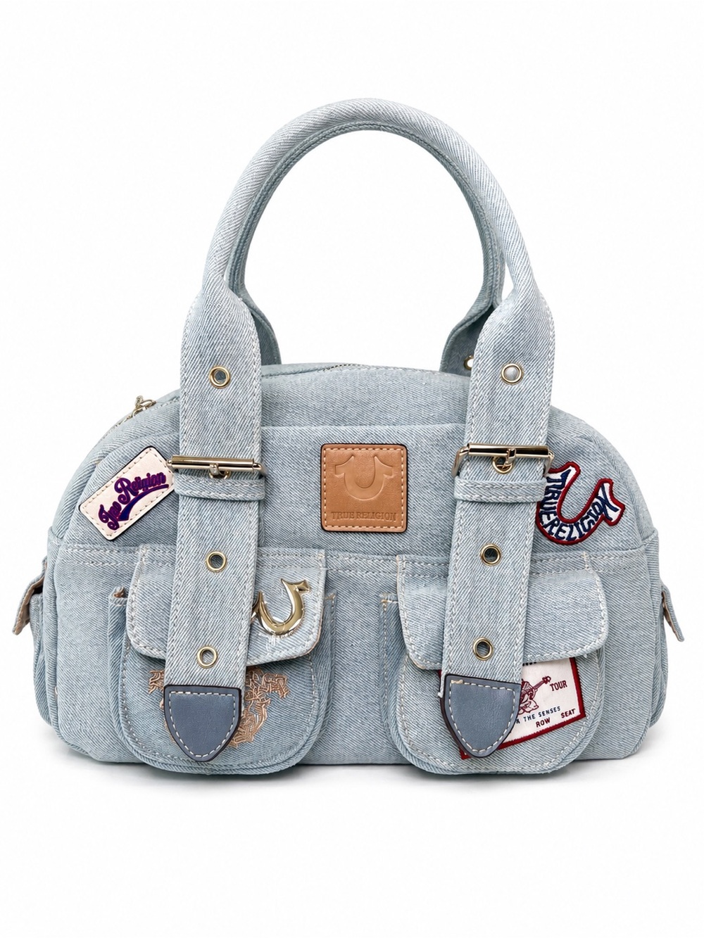 True Religion Y2K Light Wash Denim Cargo Patch Satchel Bag Purse NWT